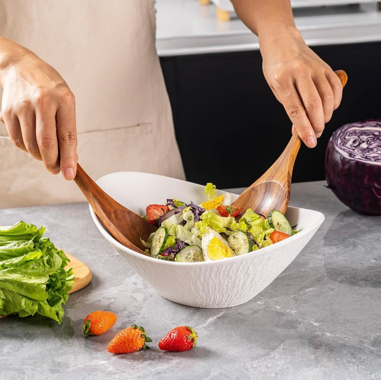 Black Oval Ceramic Salad Bowl Set