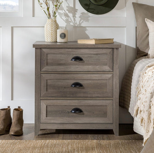 Farmhouse Grey Wash 3-Drawer Nightstand