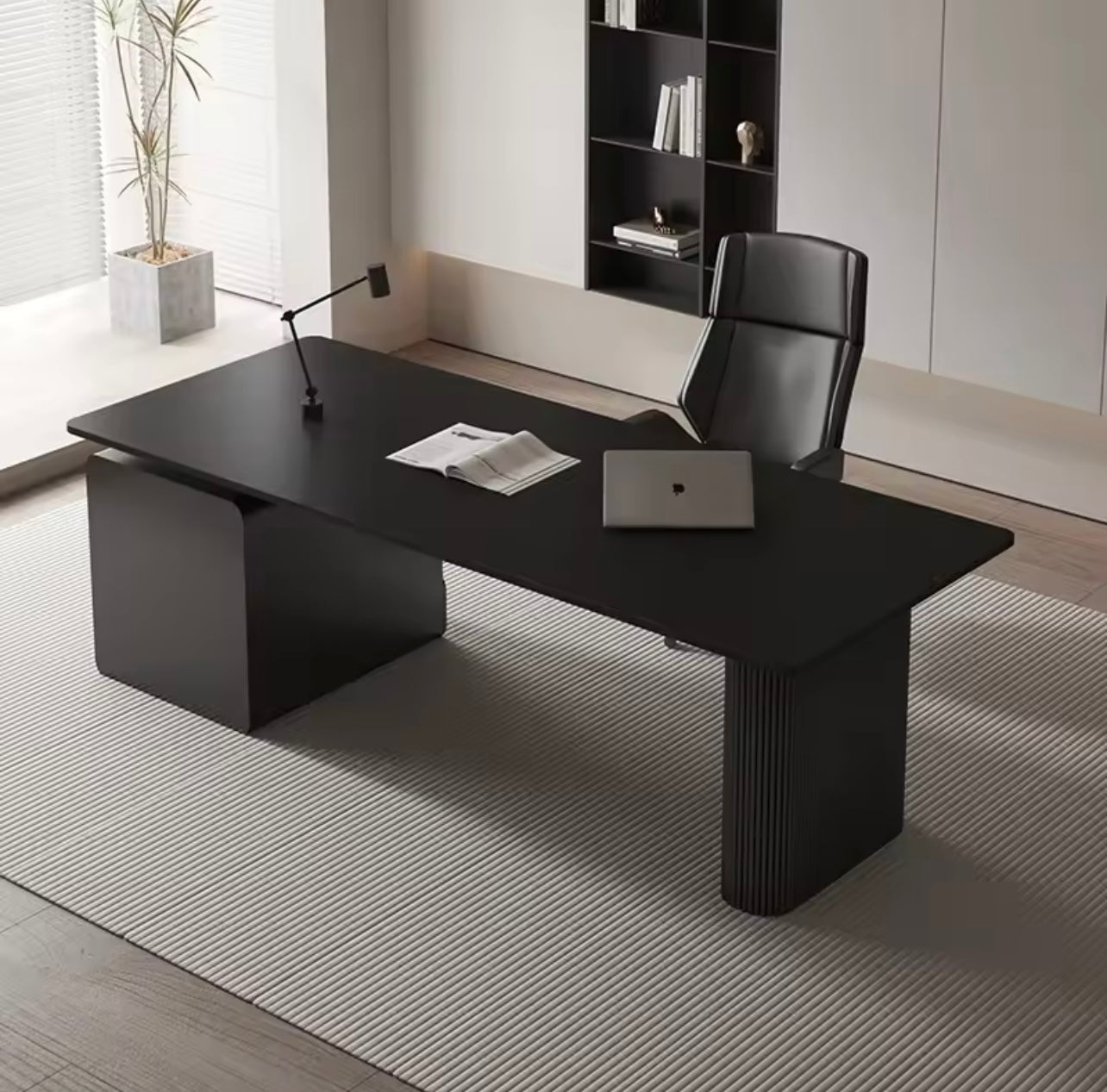 Black Executive Office Desk with Drawers, Rock Slab Top