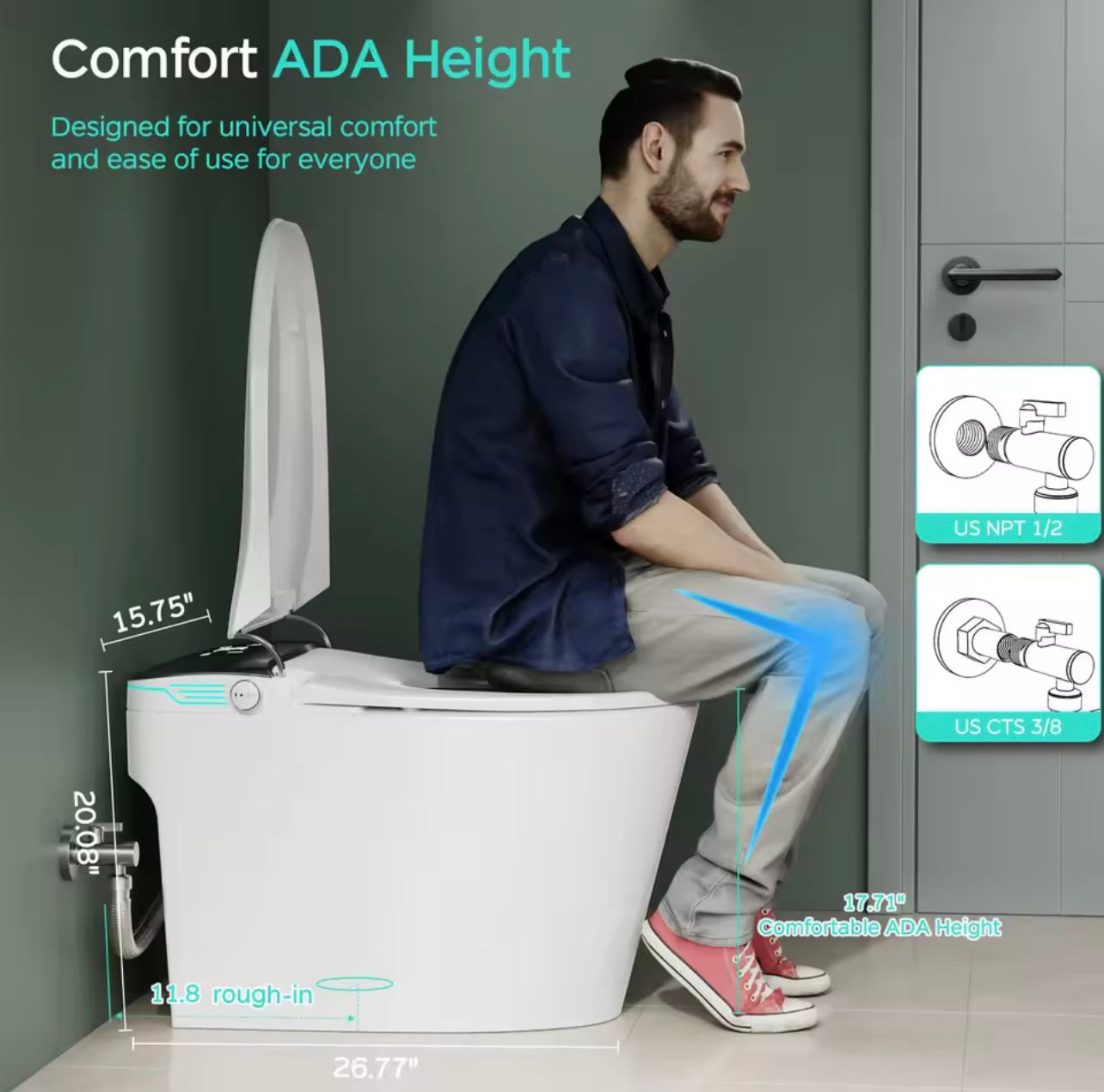 Elongated Smart Bidet Toilet, ADA Height, Heated Seat, Voice Control, Auto Deodorization & Dual Flush