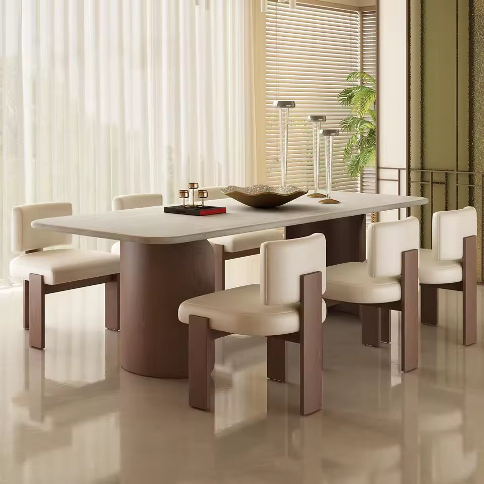 Mid-Century Travertine & Walnut Dining Table, Curved Stone Detail