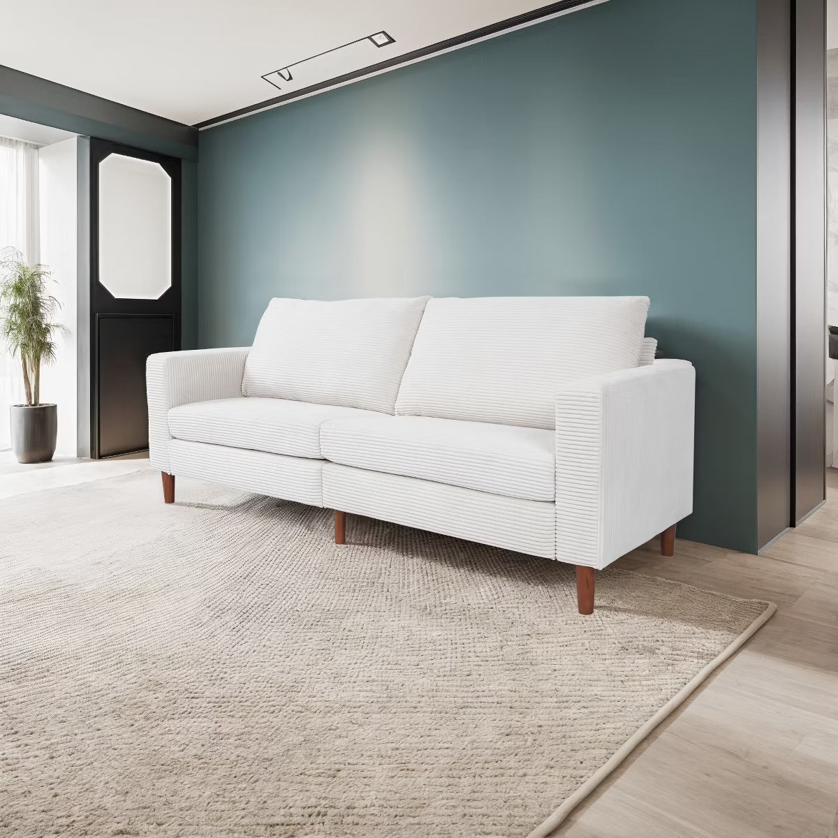 Beige Linen Upholstered Compact Sofa with Cushions
