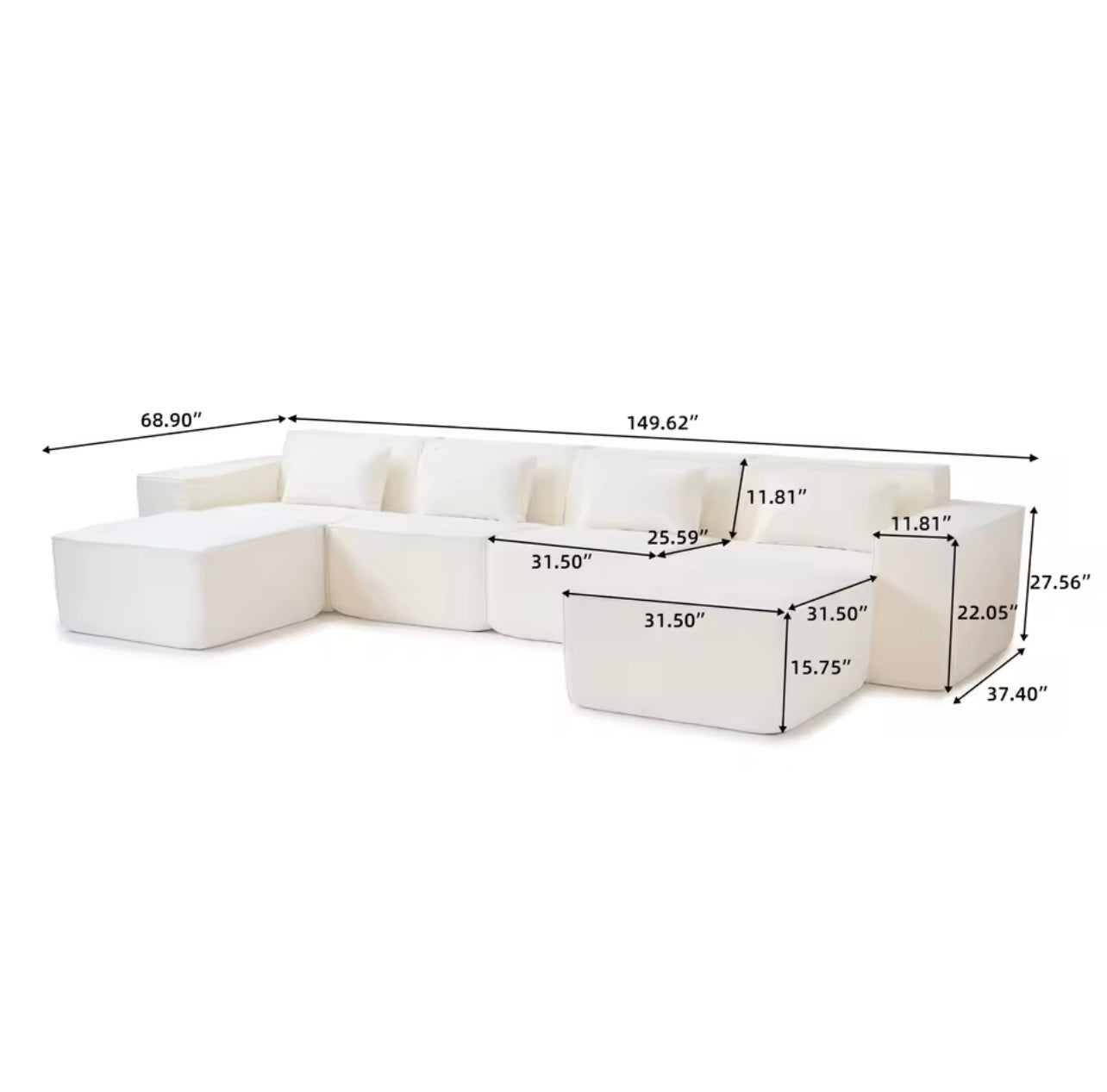 White Modular U-Shaped Sectional Sofa Couch with 2 Ottomans