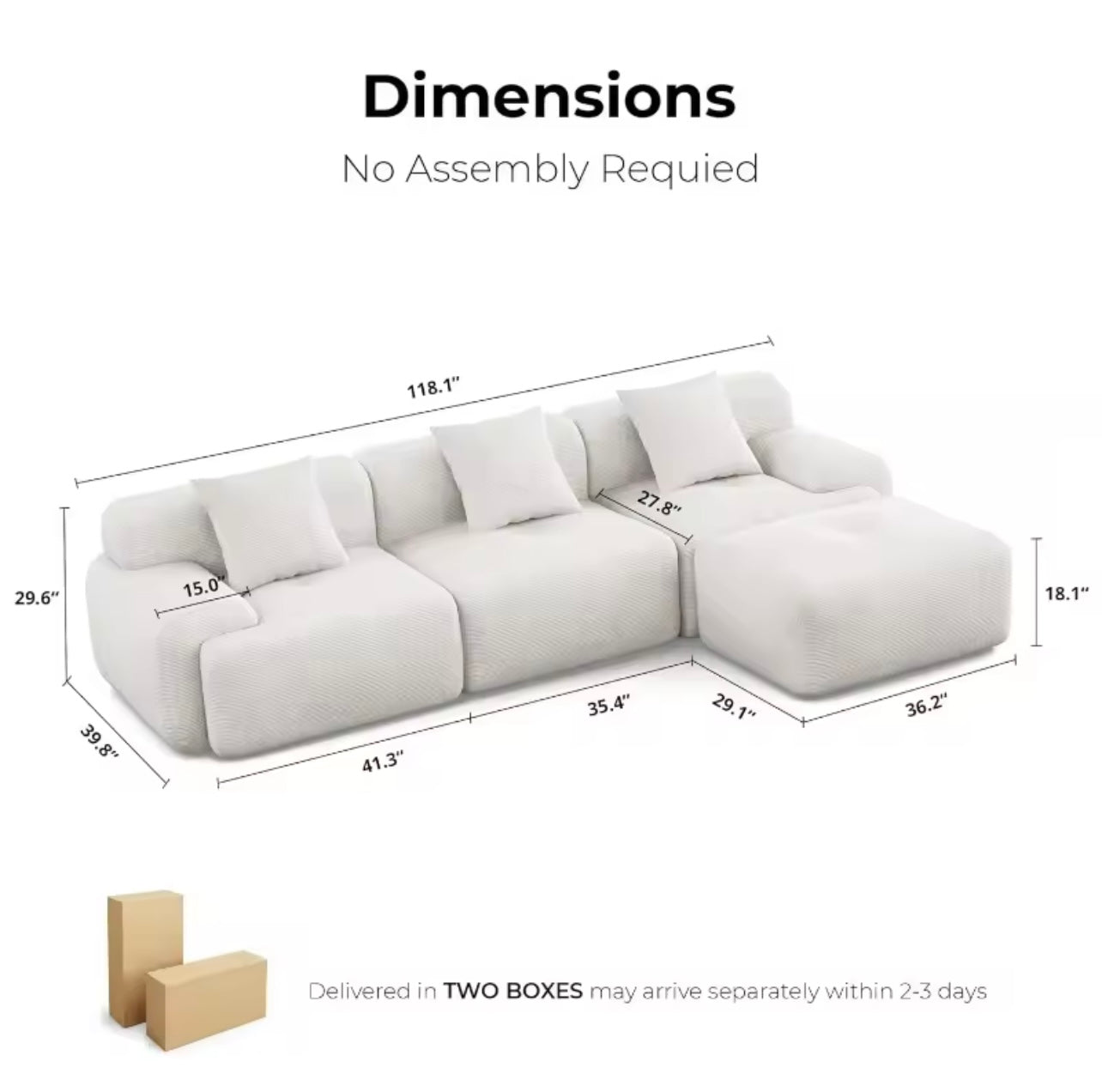 118” L-Shaped Modular Sectional Sofa 3-Seater, Corduroy Beige Couch