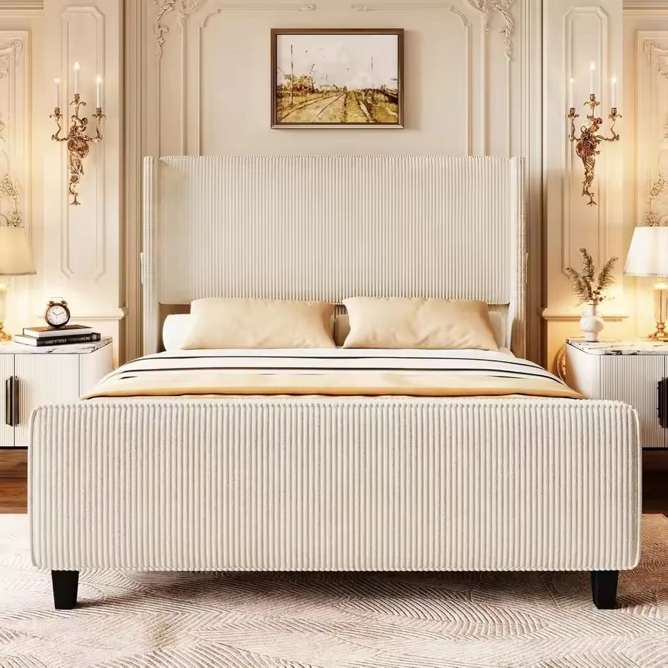Upholstered Bed Frame with USB Ports, Tall Wingback Headboard