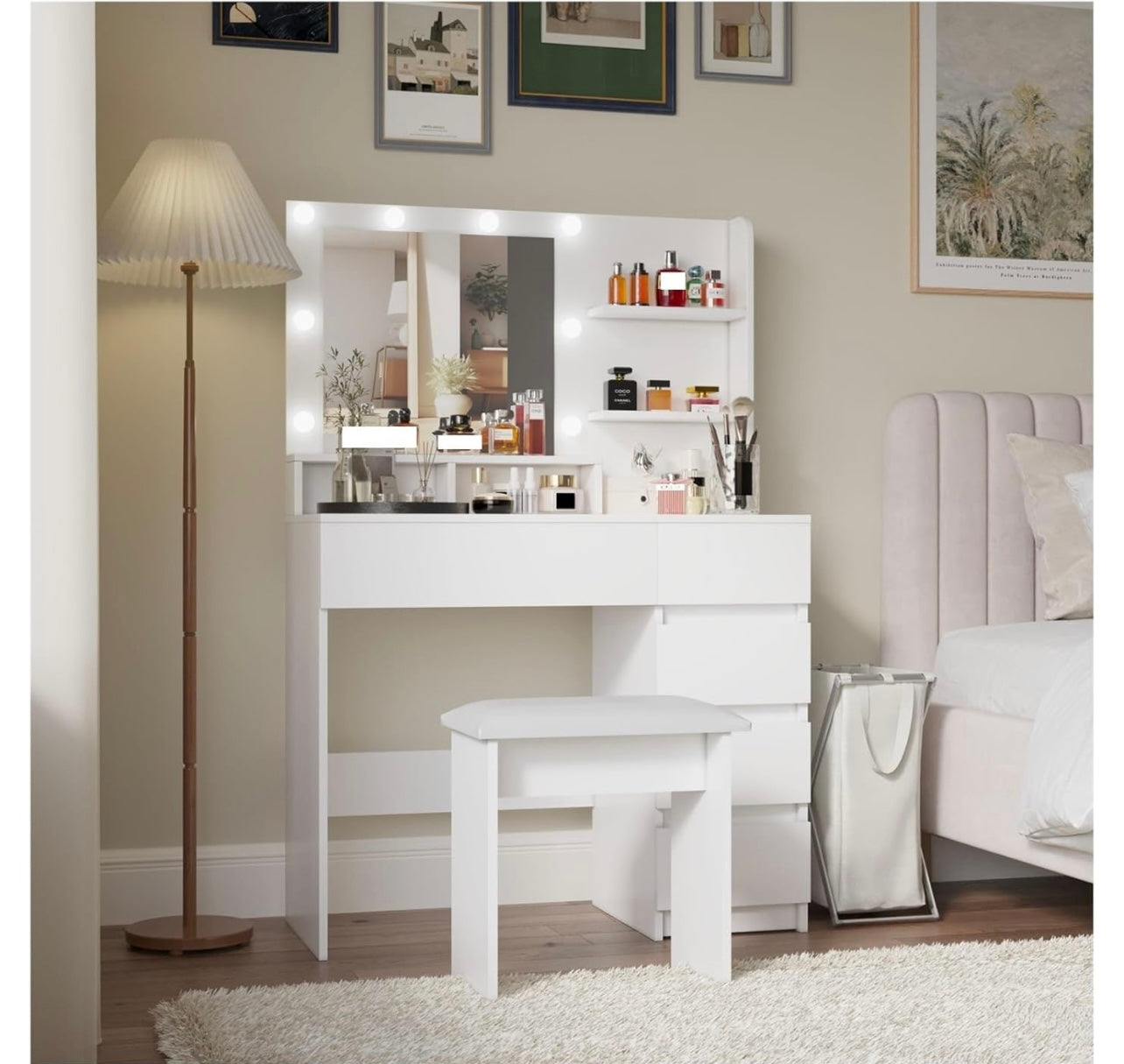 Vanity Mirror with Lights - White Makeup Vanity and Stool