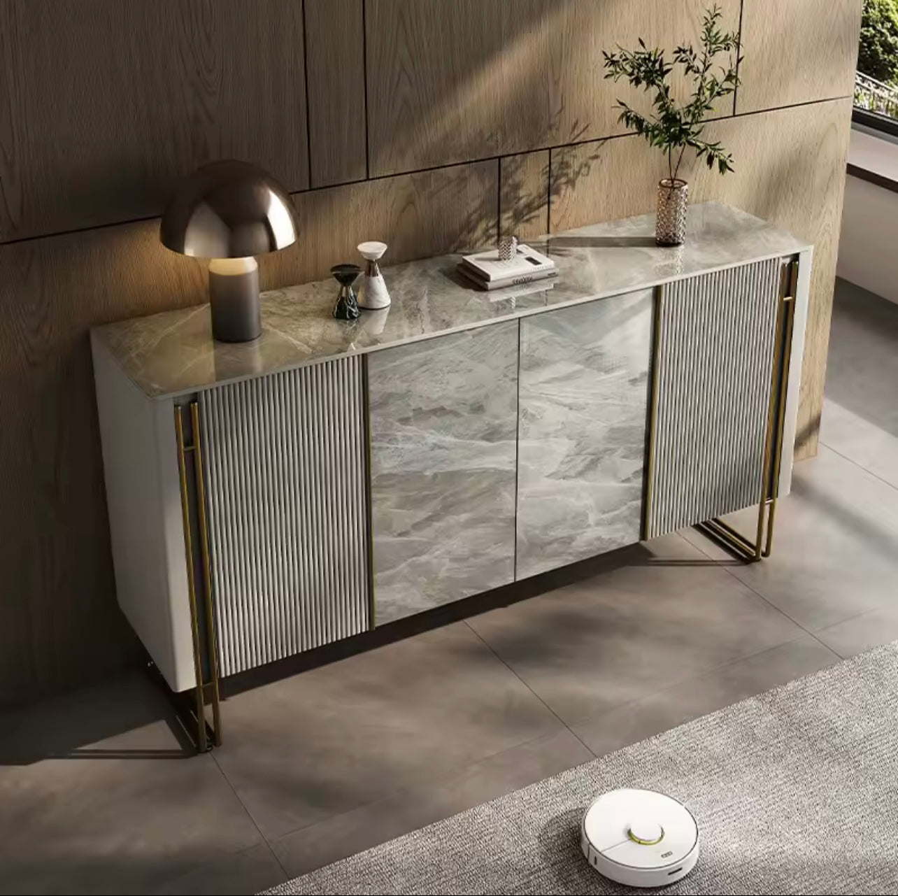 Grey Arc-Edge Sideboard with Slate Door Panels