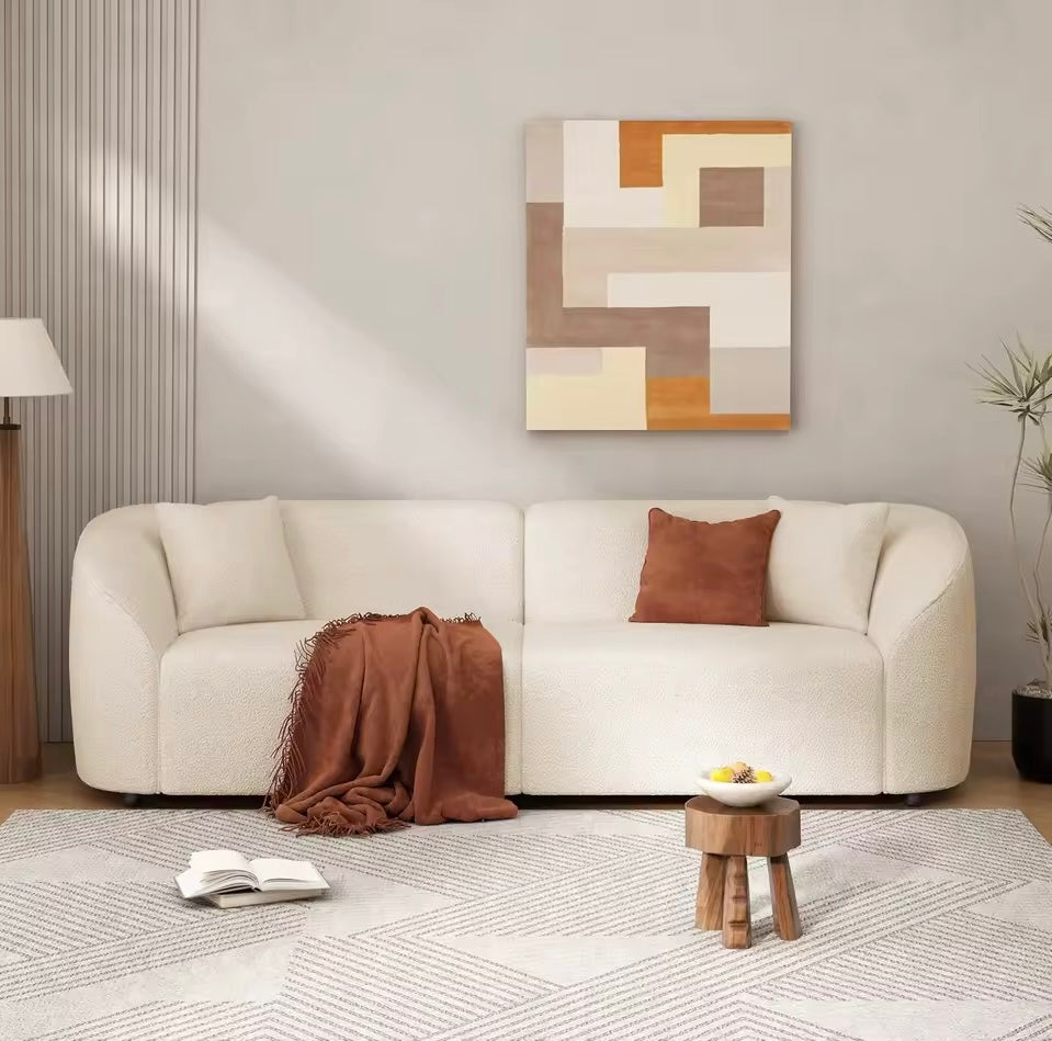 Oversized 2-Seater Curved Sofa with Boucle Upholstery, White