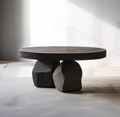 Mid-Century Black-Tinted Sculptural Coffee Table, Wood Round Top