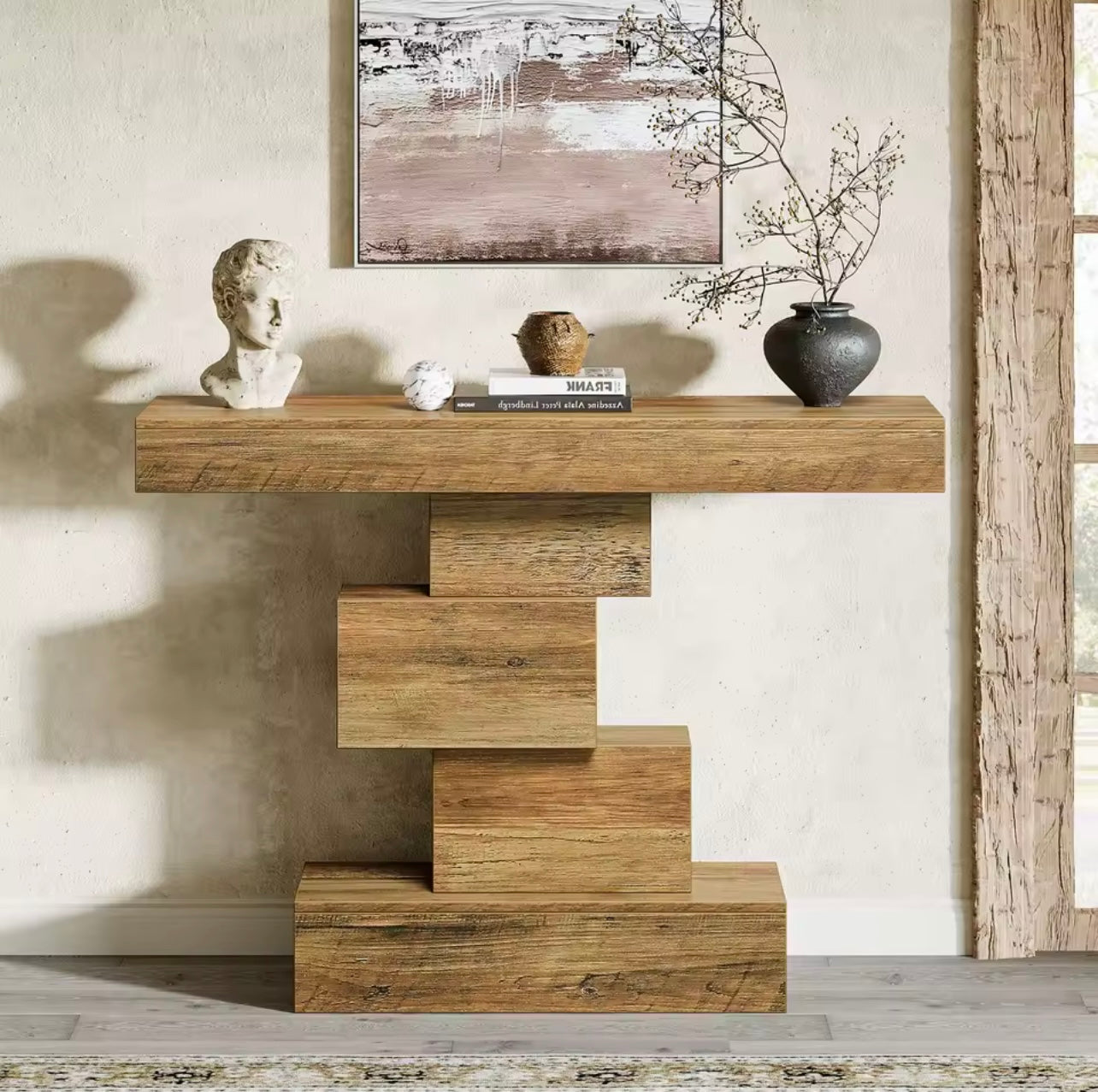 42.5” Narrow Wood Console Table with Geometric Base