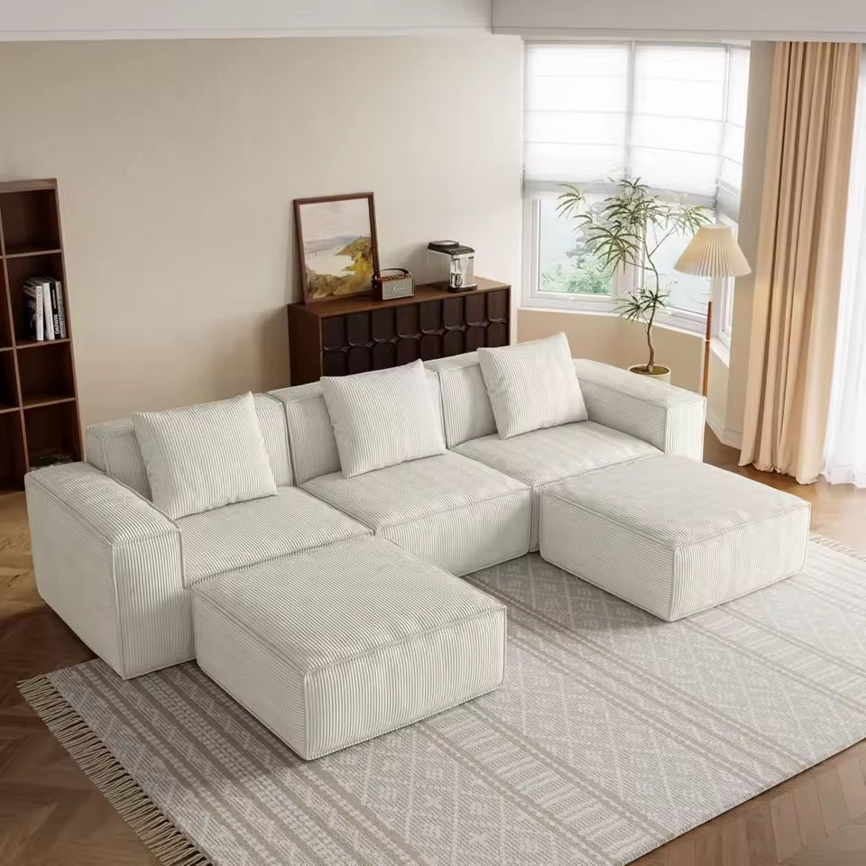 118” Sectional Sofa, U-Shaped Corduroy Couch with Ottomans