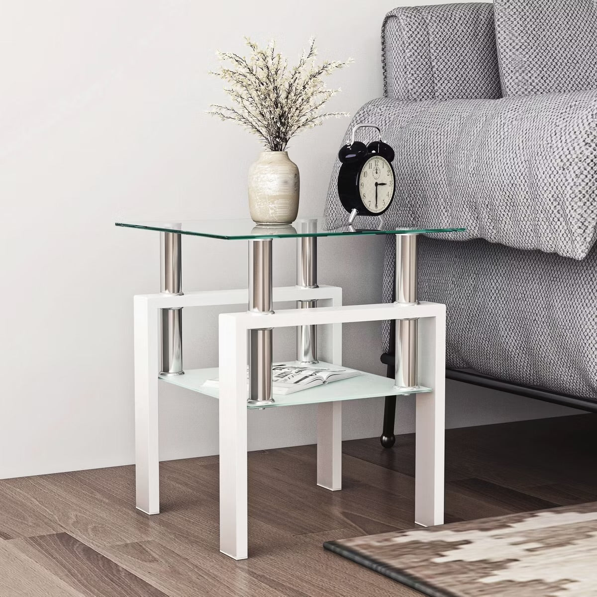 White Tempered Glass Square End Table
