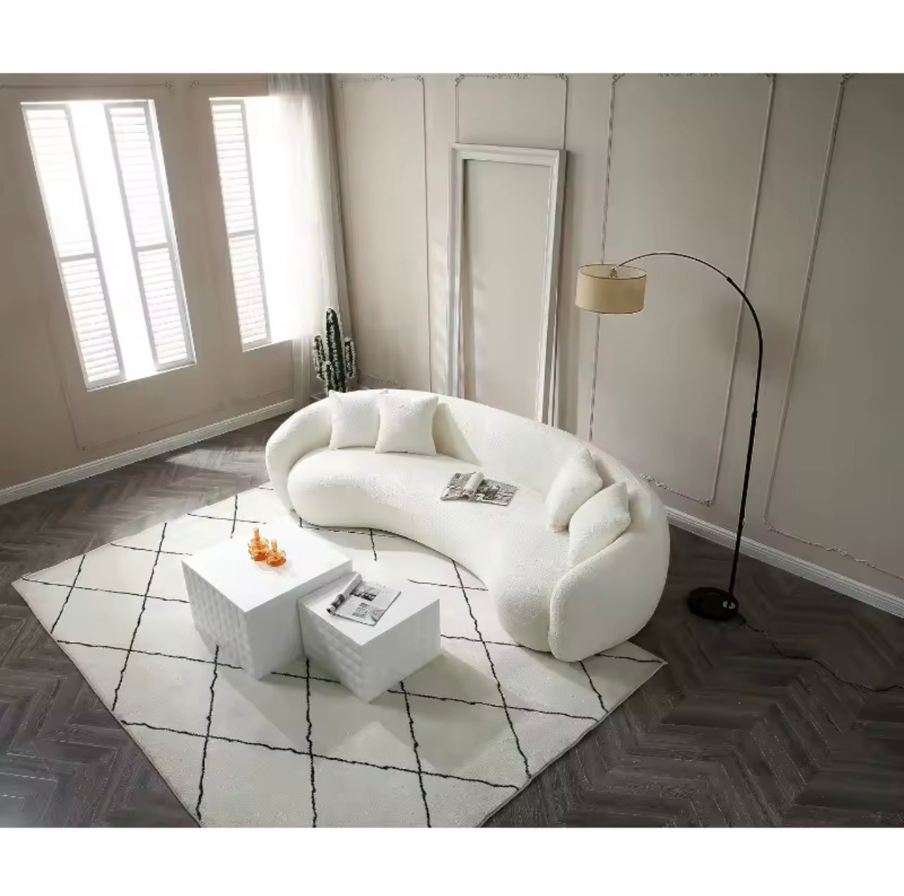 Curved Boucle Half-Moon Sectional Sofa, 103” White 5-Seater Couch