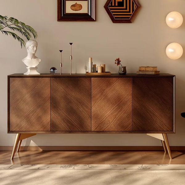 Modern Herringbone Solid Wood Sideboard with Walnut Finish