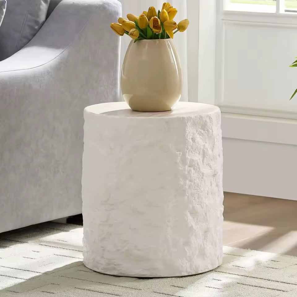 Round Cement Stone Drum Coffee Table, Fiberglass Faux Marble Finish
