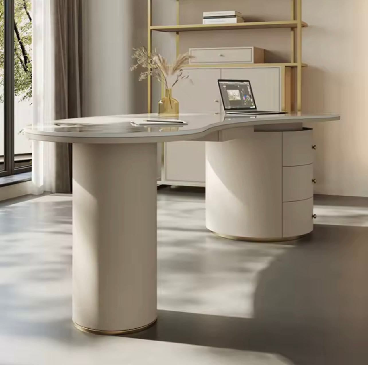 Leather-Edged Rock Slab Desk, Luxury White Executive Office Table