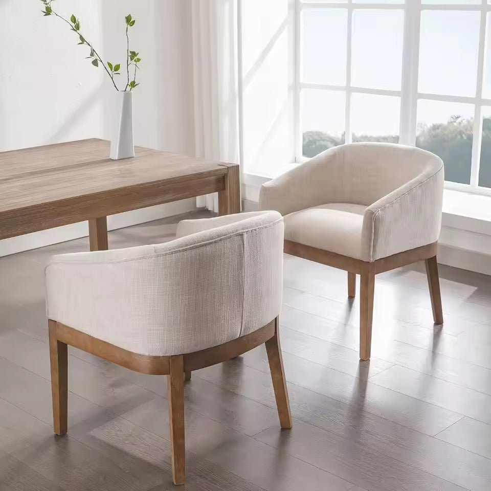 Beige Mid-Century Linen Upholstered Dining Chairs with Curved Backrest