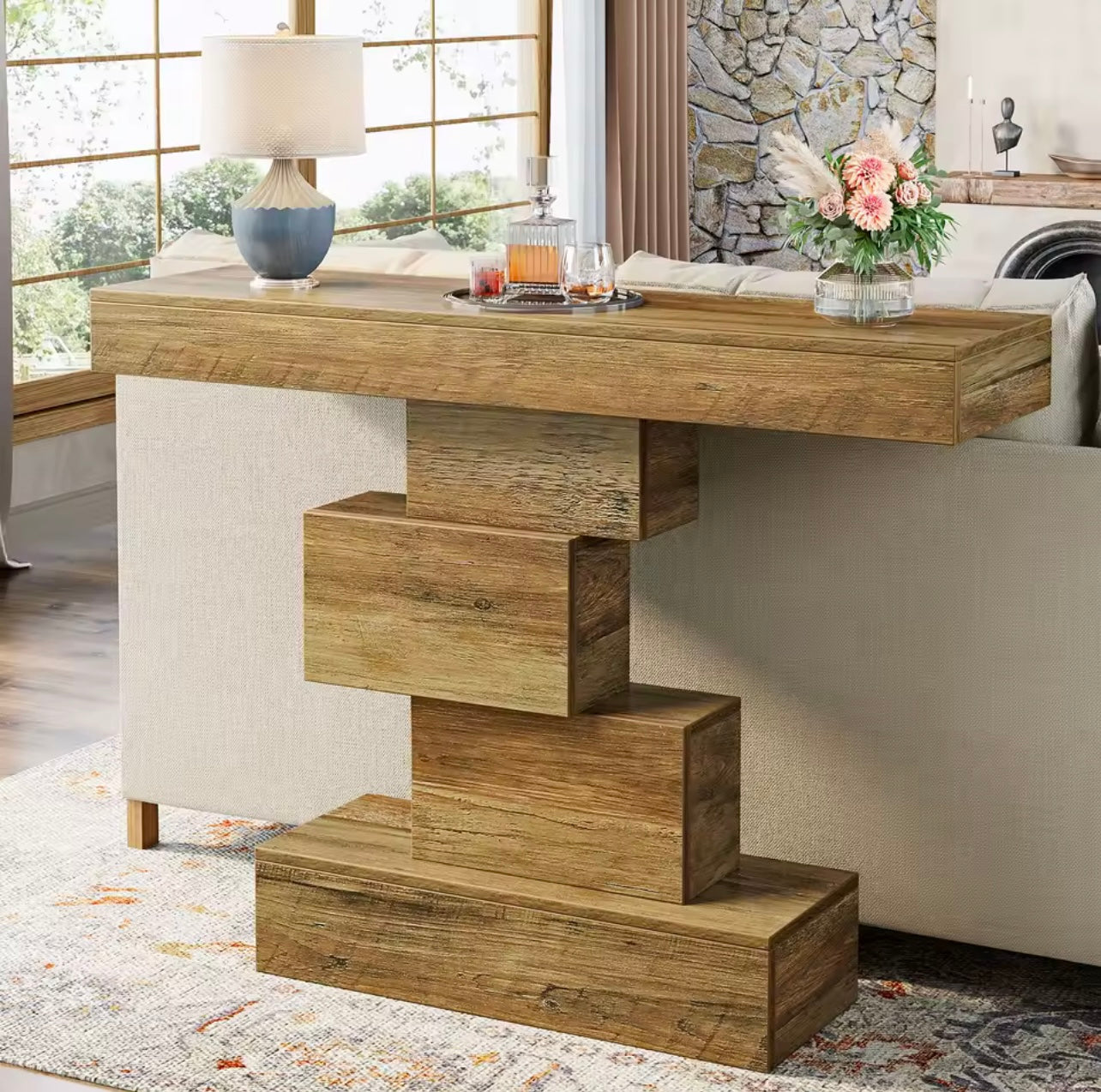 42.5” Narrow Wood Console Table with Geometric Base