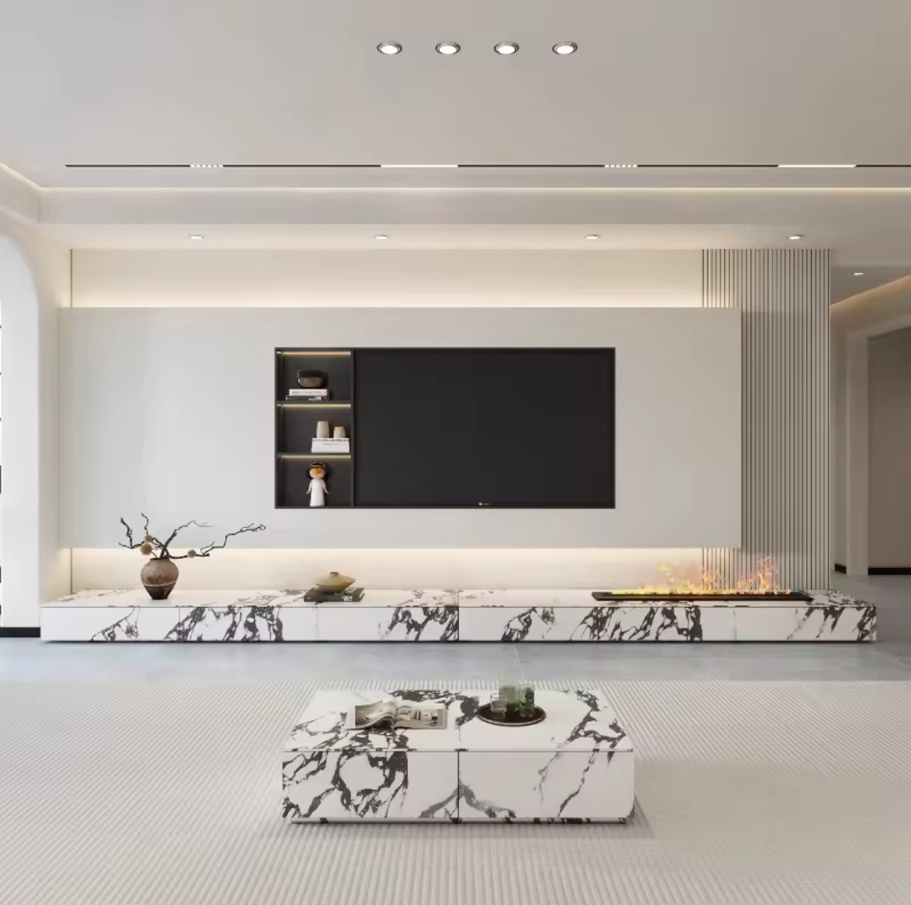 White Rock Slab TV Stand with Drawers and 3D Fireplace