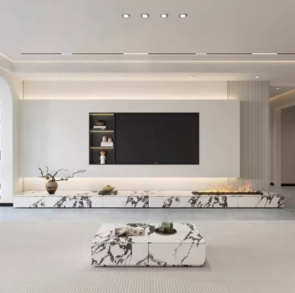 White Rock Slab TV Stand with Drawers and 3D Fireplace