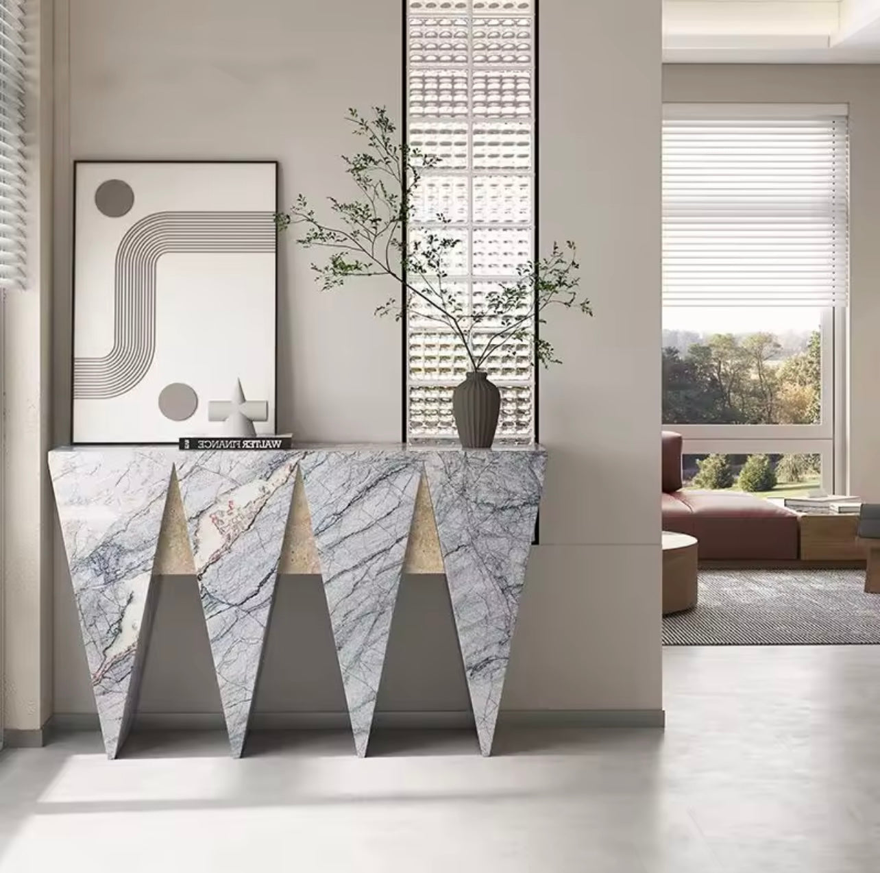 Italian Marble Stone Entryway Table with Triangular Leg Design