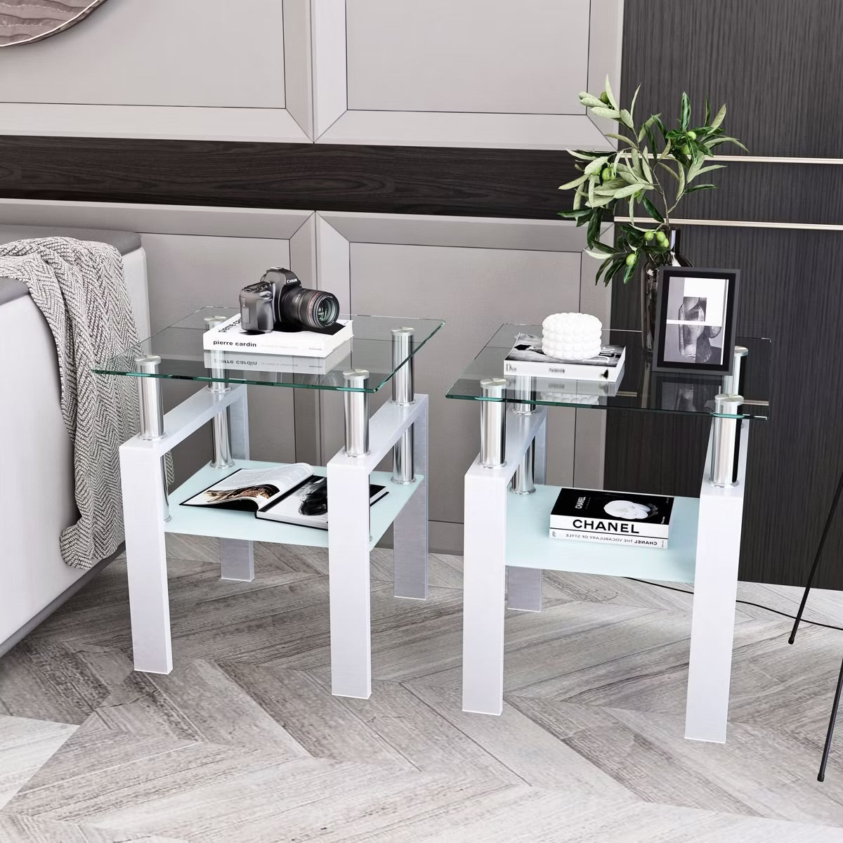 Set of 2 Tempered Glass End Tables - White