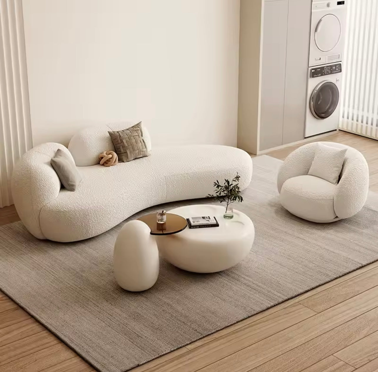 White Accent Sofa, Lambswool Upholstery & Solid Wood Frame