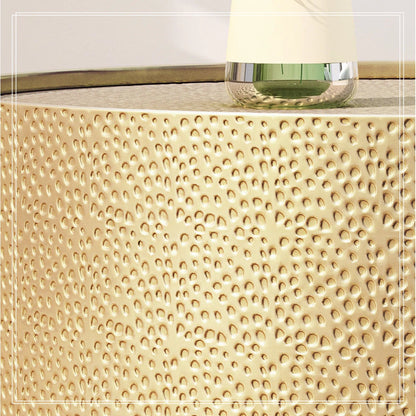 Metal Round Coffee Table, Gold Accent Table with Hammered Surface