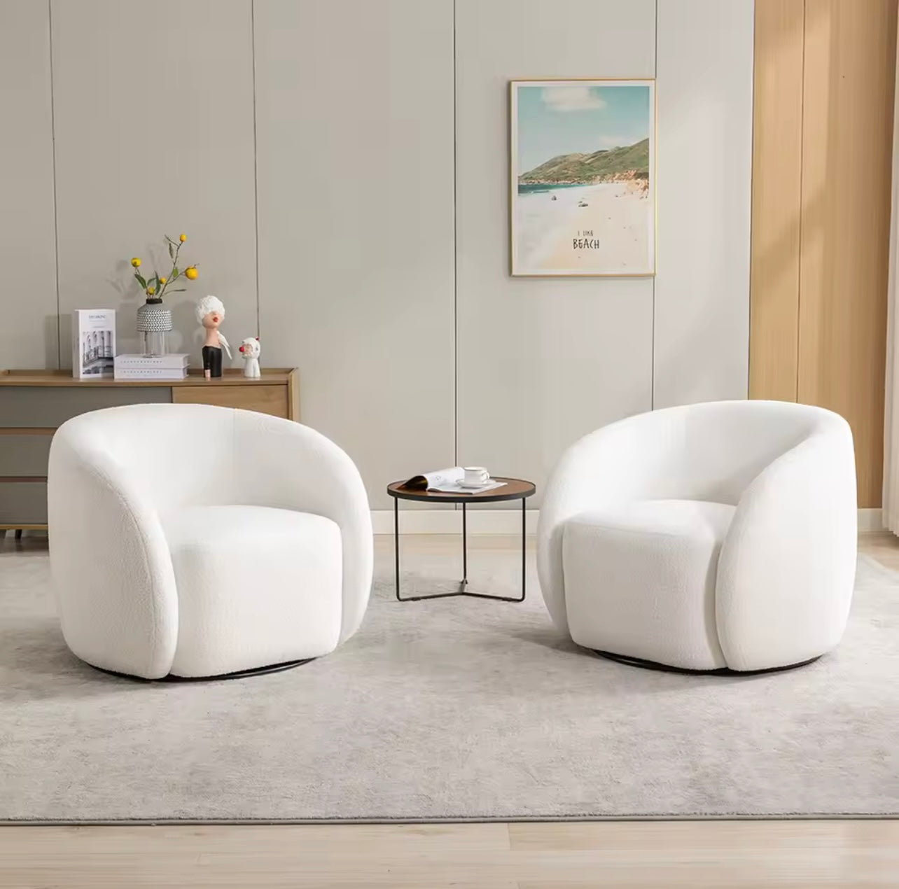 Set of 2, 360 Degree Swivel Accent Chairs, Lambswool Barrel Side Chairs