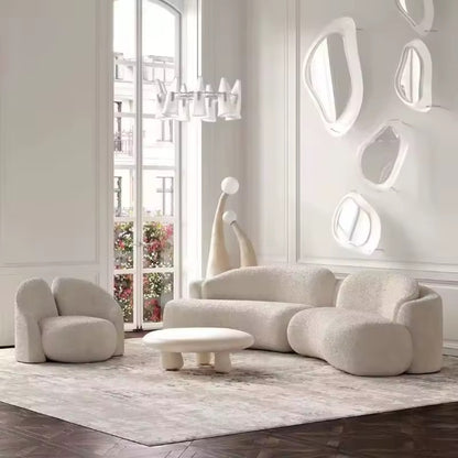 European Curved Modern Sofa - Sherpa or Velvet Upholstery, White