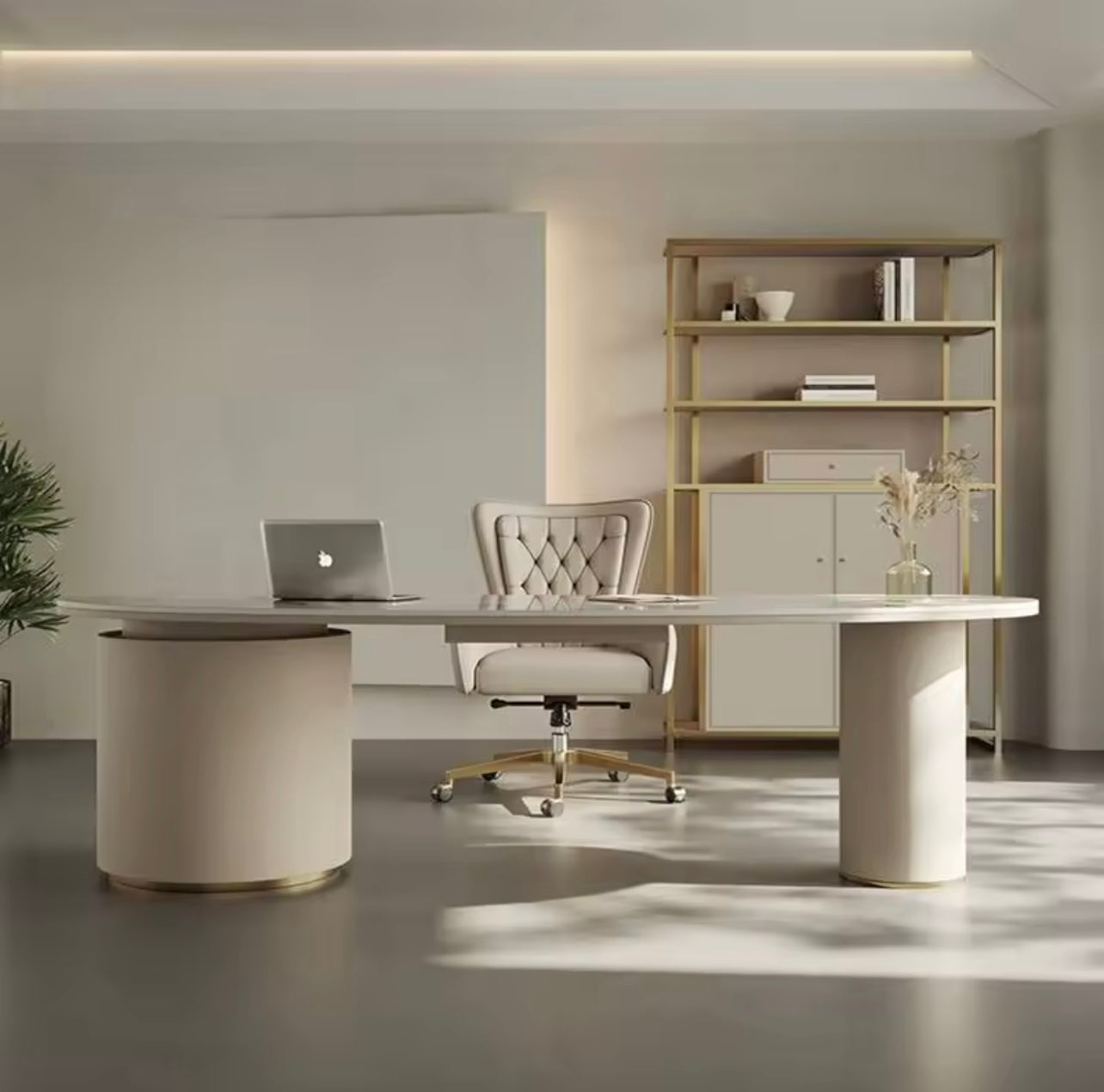 Leather-Edged Rock Slab Desk, Luxury White Executive Office Table