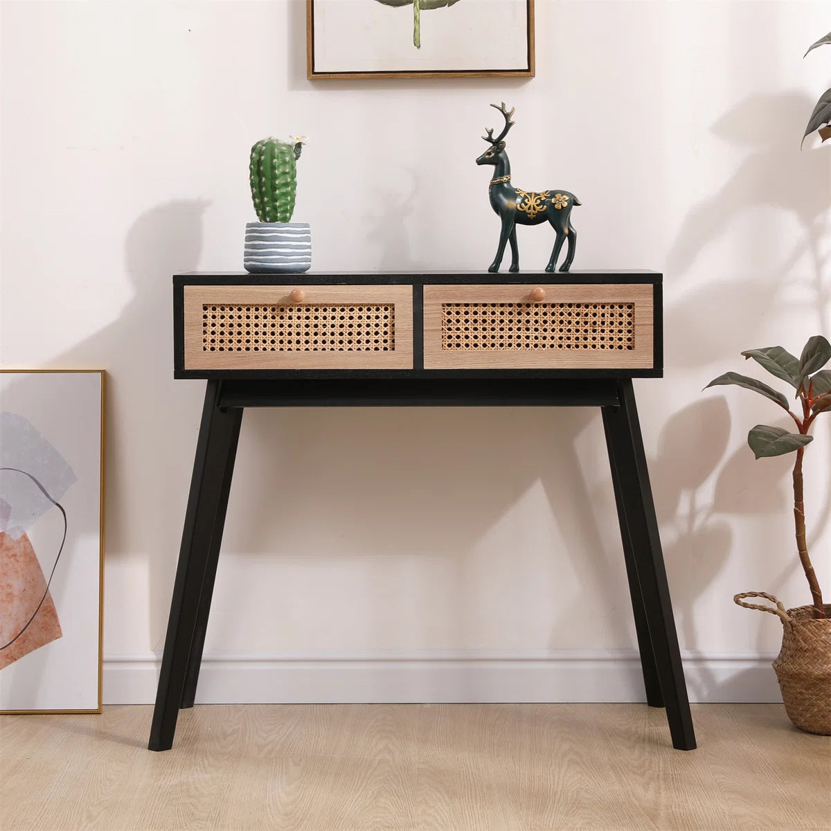 Rattan Side Table, Black Entryway Console with Storage
