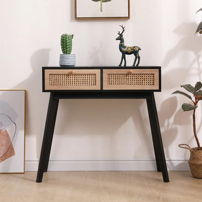Rattan Side Table, Black Entryway Console with Storage