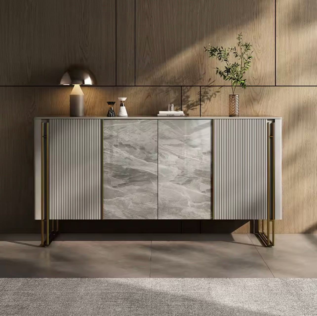 Grey Arc-Edge Sideboard with Slate Door Panels