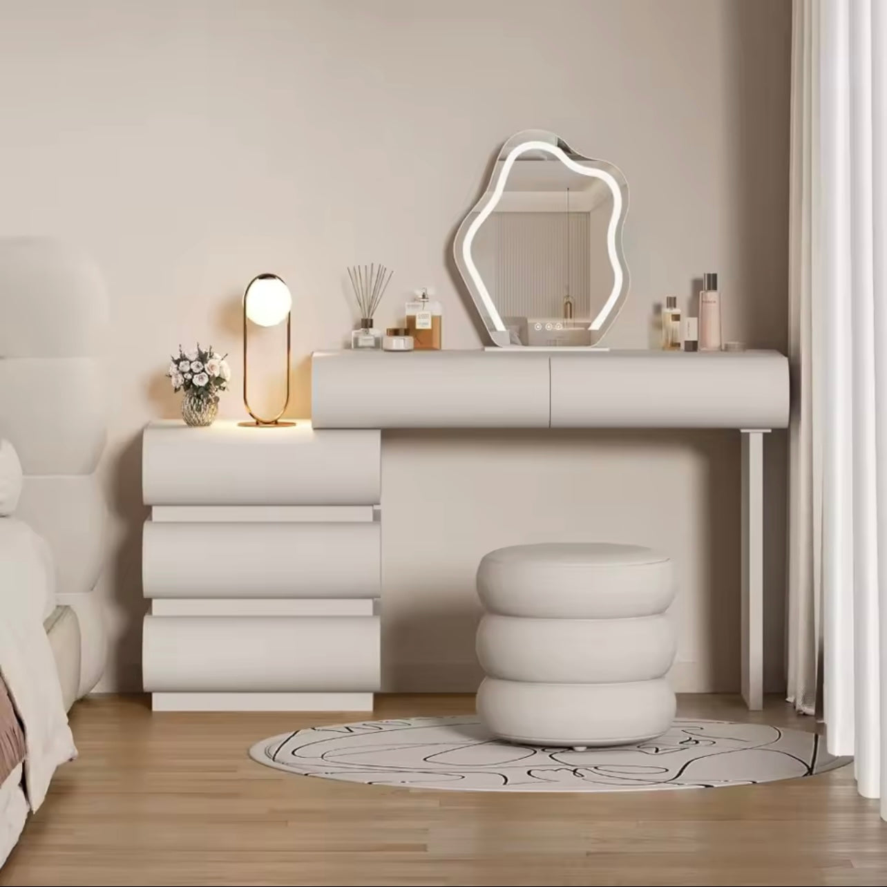 White Vanity Set with LED Mirror, Cloud Stool & Adjustable Storage