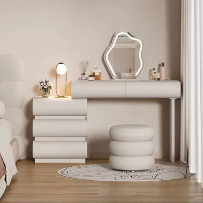 White Vanity Set with LED Mirror, Cloud Stool & Adjustable Storage