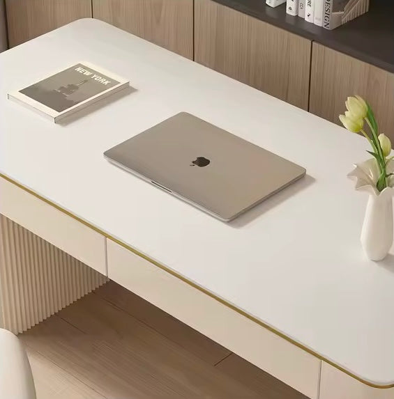 White Office Desk with Storage Drawers, Rock Slab Tabletop