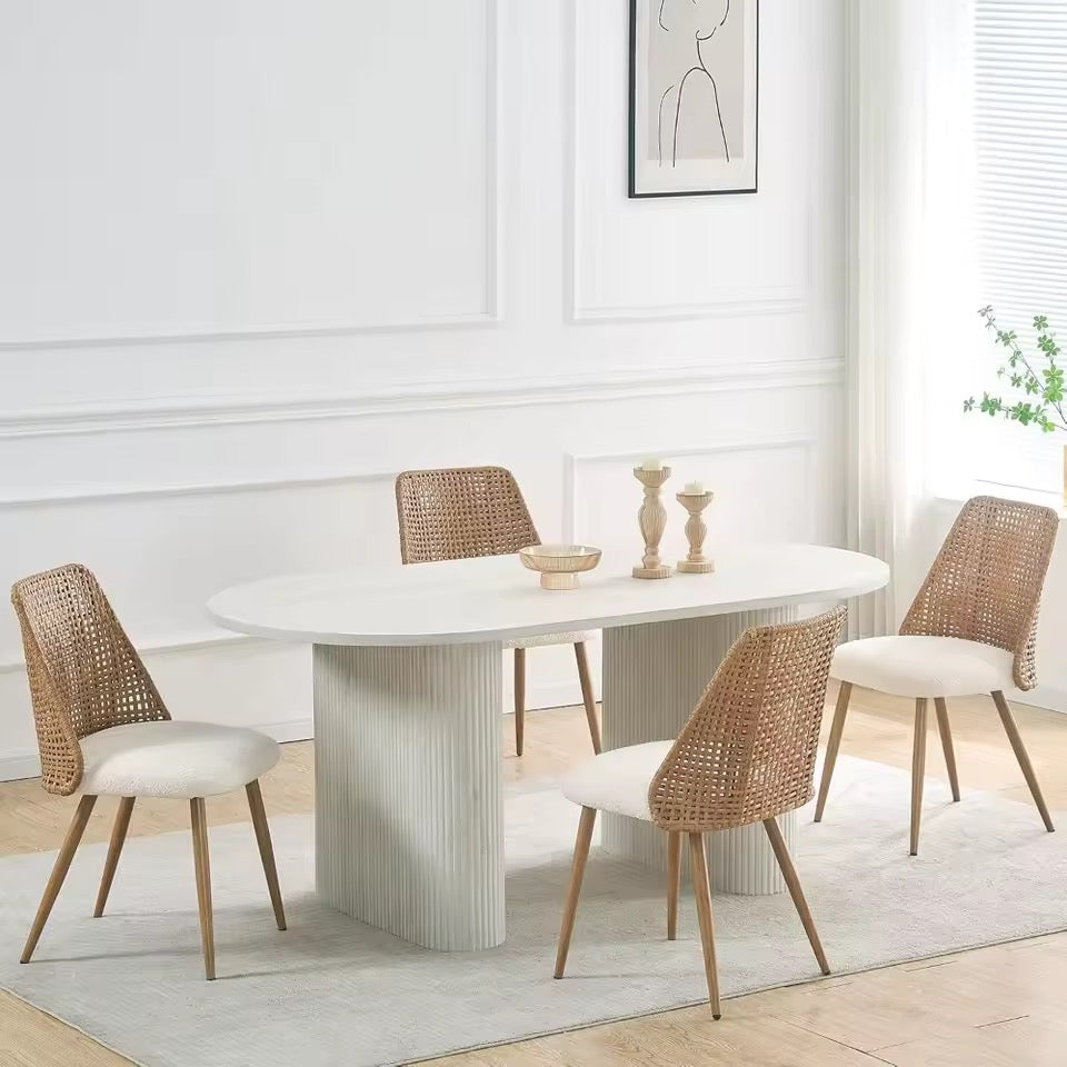 Set of 4 Mid-Century Rattan Dining Chairs, Boucle Seats with Cane Back