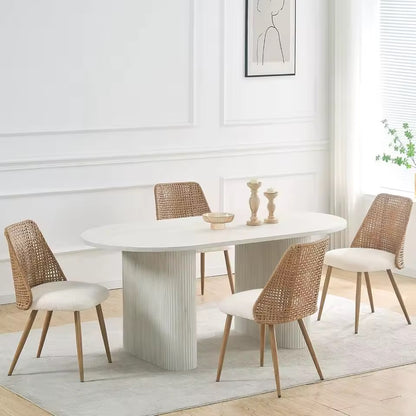 Set of 4 Mid-Century Rattan Dining Chairs, Boucle Seats with Cane Back