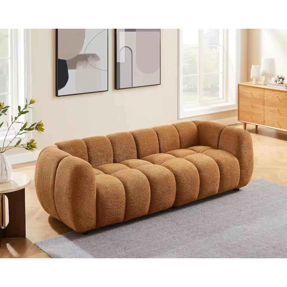 Burnt Orange Boucle Sofa, Tufted Cloud Couch, Deep Seat 3-Seater