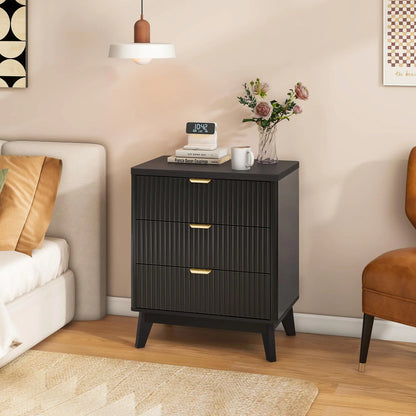 3 Drawer Black Nightstand - Fluted Nightstand with Drawers