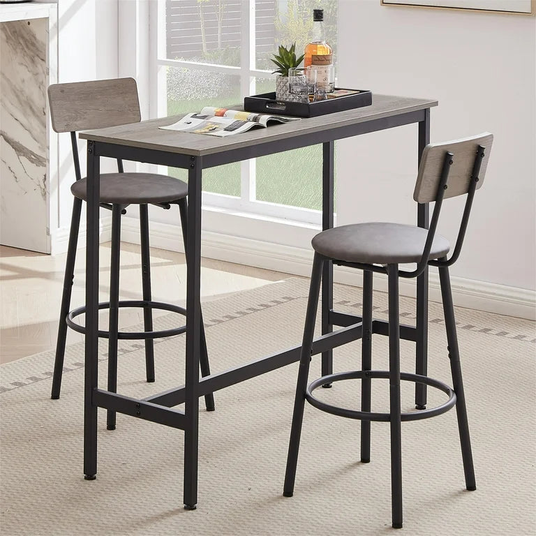 Grey Bar Table Set with 2 Upholstered Stools
