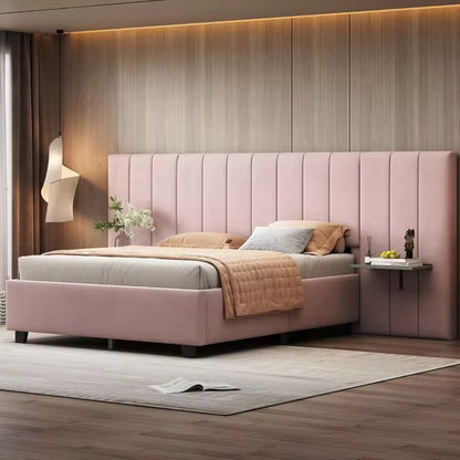 Pink Velvet Upholstered Queen Size Bed with Integrated Besides Shelves