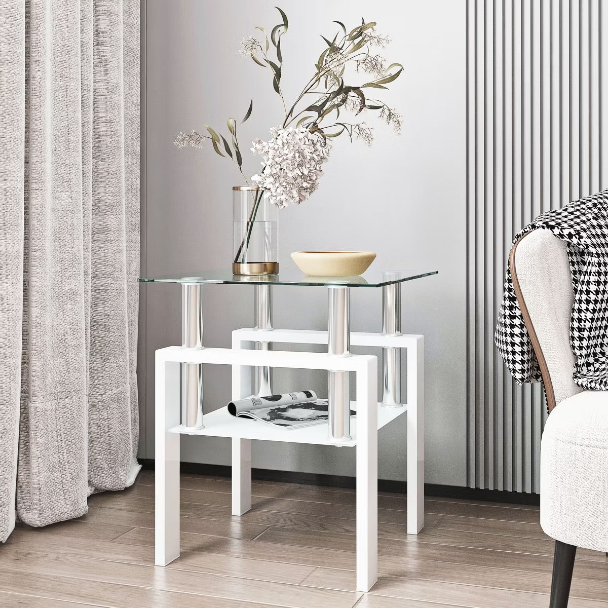 White Tempered Glass Square End Table