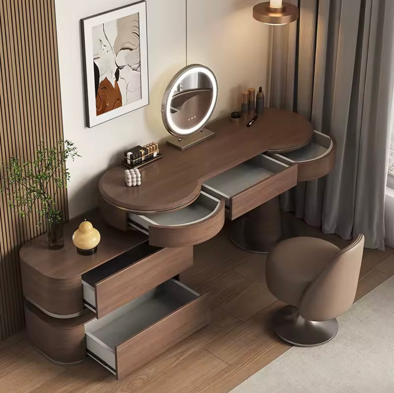 Walnut Makeup Vanity Table with LED Mirror and Adjustable Drawers