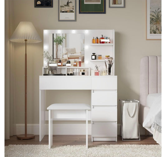 White Vanity Desk with Mirror, Lights & Stool 37”