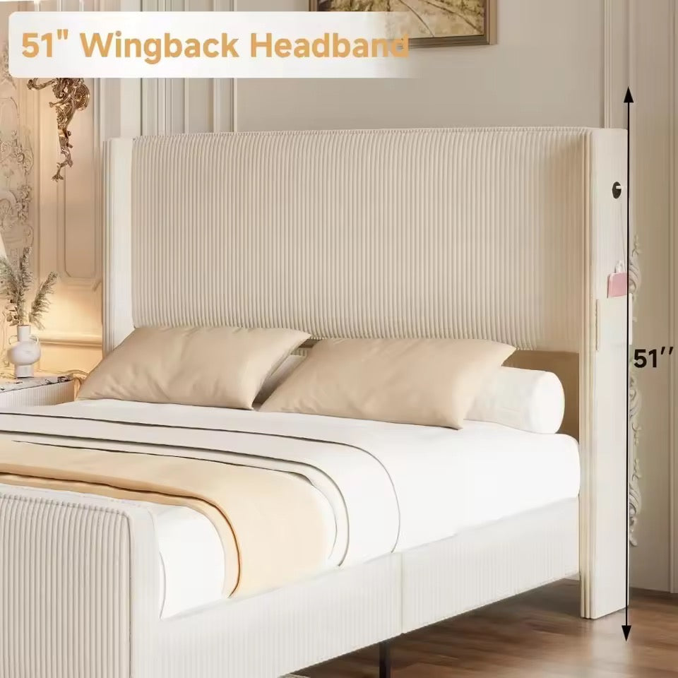 Upholstered Bed Frame with USB Ports, Tall Wingback Headboard