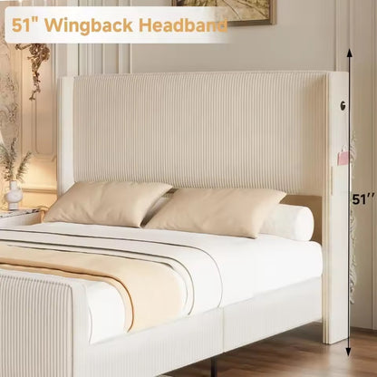 Upholstered Bed Frame with USB Ports, Tall Wingback Headboard