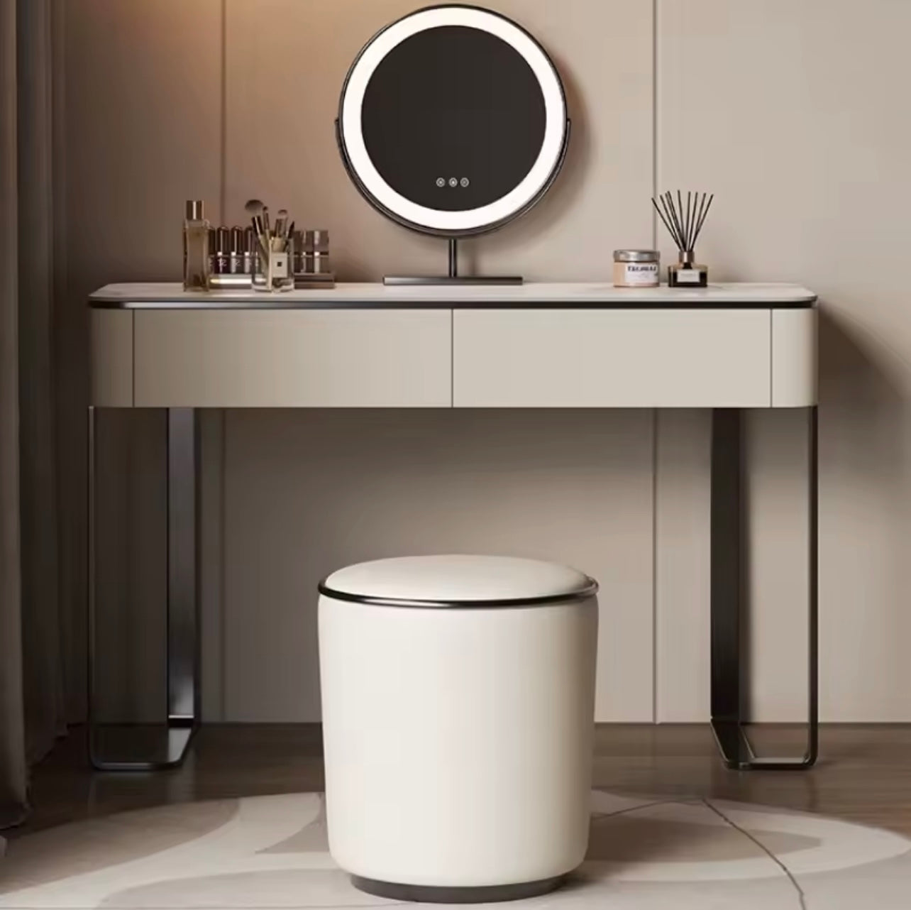 Beige Minimalist Vanity Table with Rock Slab Countertop
