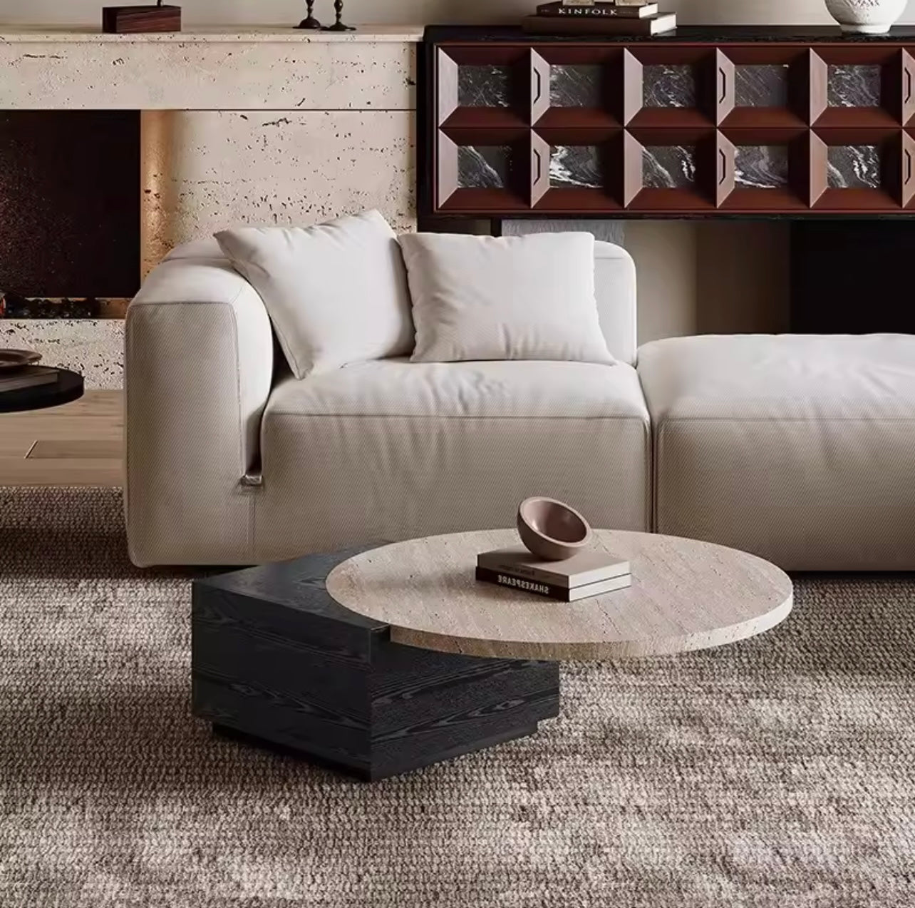 Solid Wood & Roman Cave Stone Coffee Table with Rounded Corners